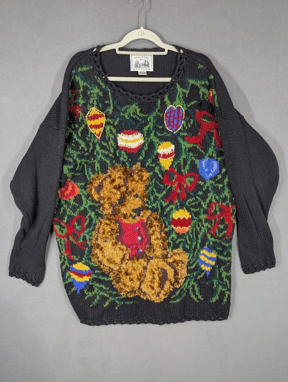 Jacque & Koko Christmas Teddy Bear Sweater Womens Size 22 24 Black Vintage